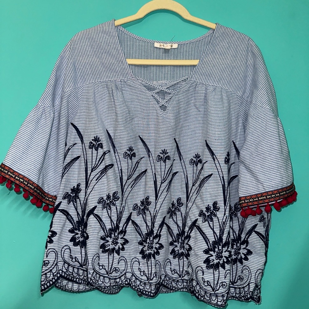 Skies Are Blue Embroidered Floral Striped Blouse
